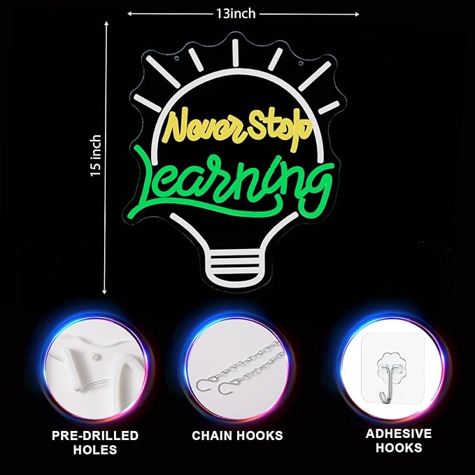 Never Stop Learning Neon Signs for Wall Decor USB Powered & Dimmable Neon Lights SignInspirational Letter Neon Lights for Classroom Library Study Room Bookstore Reading Corner&Book Club Motivational Wall Art