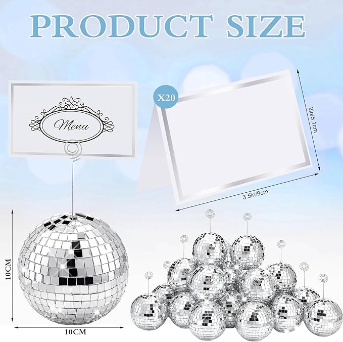 Maitys 60 Pcs Disco Ball Table Number Holders Silver Place Card with Swirl Wire Name Cards Photo Stand Clips Picture Holder for Christmas Wedding Party Favor (4 Inch)