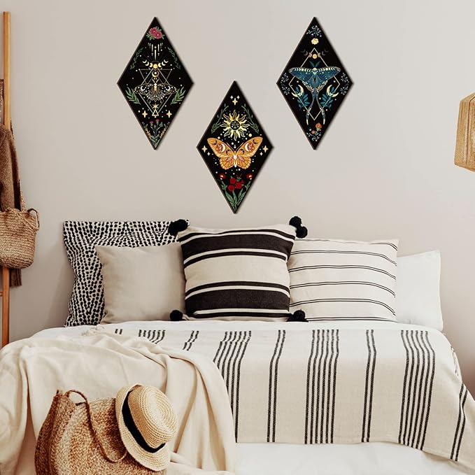 Sintuff 6 Pieces Halloween Gothic Wall Decor Boho Sun Moon Phases Wall Art Gothic Minimalist Stars Sun Hanging Wooden Home Decor Farmhouse Pediments for Gallery Living Bedroom Room(Butterfly)