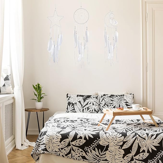 Jetec 3 Pcs Dream Catcher Moon Sun Star Design Handmade Traditional Craft Ornament Wall Hanging Home Decoration Bedroom Wedding Halloween Christmas Decorations(White)