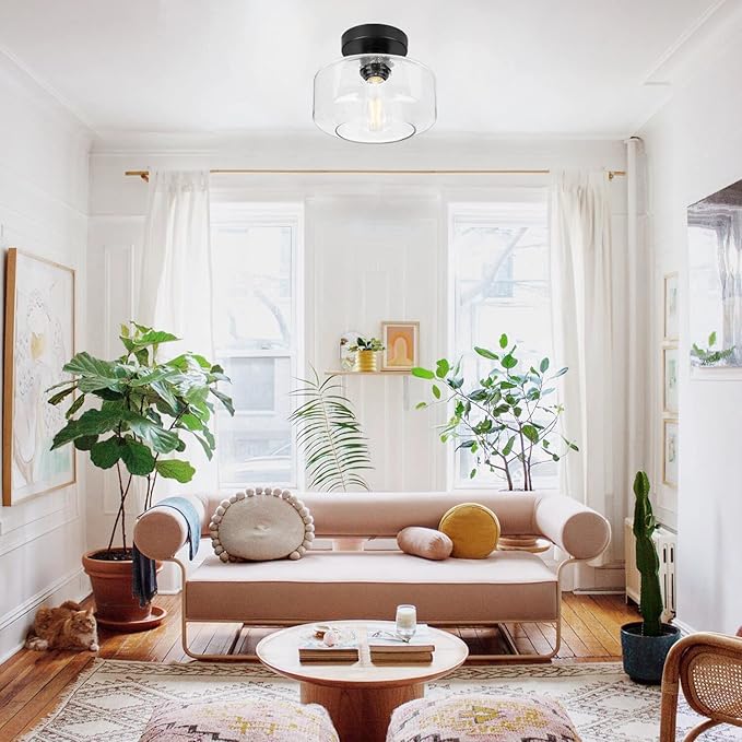 Industrial Semi Flush Mount Ceiling Light, 800 Lumen LED Bulb Included, Seeded Glass Shade Farmhouse Light Fixture for Hallway Corridor Kitchen Bathroom Bedroom Passway