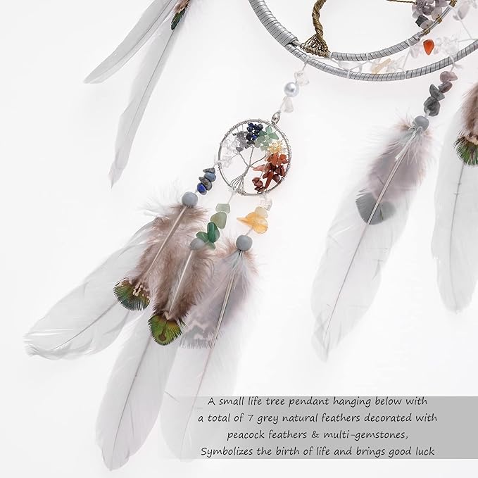 7 Chakras Tree of Life Dream Catcher Wall Decor with Rainbow Healing Crystal Stone Handmade Gray Feather DreamCatchers Wall Hanging Ornaments for Bedroom Home Decor Blessing Gift Wedding Party-23.6"