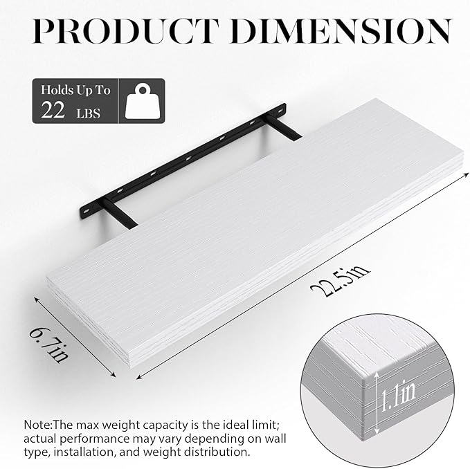 BAYKA Floating Shelves Set of 2, 22.5" Rustic Wood Wall Mounted Shelves for Bathroom, Bedroom, Living Room, Kitchen & Office, Hanging Display Shelf with 22 lbs Capacity (White)