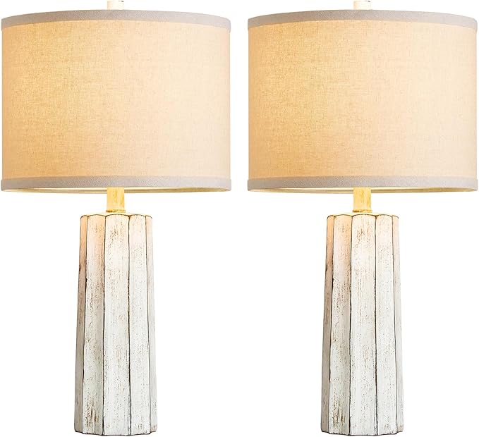 RORIANO 24'' Rustic Table Lamps Set of 2 for Bedroom Living Room, Wash White Farmhouse Vintage Desk Lamps Modern Resin Nightstand Lamps for Office Entryway End Table, 2 Bulbs Included (Wash White)