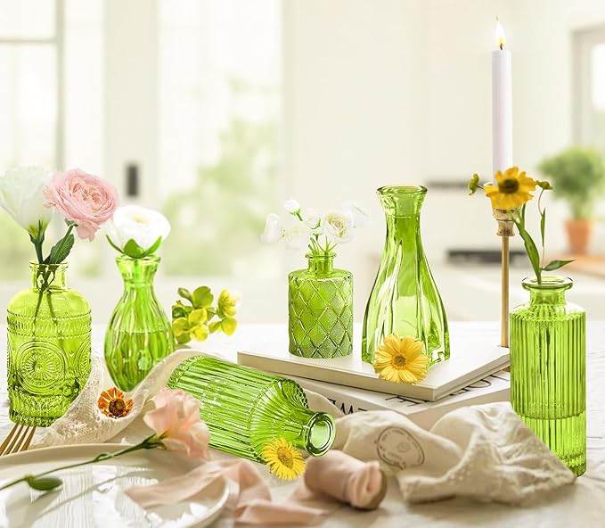 Green Glass Bud Vase Set,20Pcs Small Glass Vase for Flowers, Clear Bud Set in Bulk,Mini Single Vintage Style for Centerpiece for Rustic Wedding Decorations Home Table Flower Décor