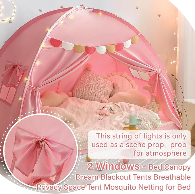 Razee Full Size Bed Canopy for Kids, Girls Bed Tent Dream Privacy Sleeping Tents Indoor, Toddler Under Bunk Bed Pink Tent with Pennant Banners
