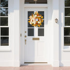 CYANBLOOM Fall Wreaths for Front Door: Rustic 20-22 Inch Bow Wreath with Golden Eucalyptus, White Pumpkins & Wheat - Lovely Warm Vibes Outdoor Indoor Farmhouse Decor for Halloween Thanksgiving Autumn