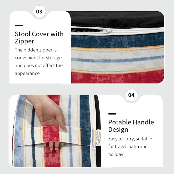 Inflatable Ottoman Stool D21 xH9 for Outdoor/Indoor Use, Water Repellent Patio Foot Rest Stool with Portable Handle,Round Pouf Ottoman Suitable for Garden,Deck and Camping - Stripe Red Blue