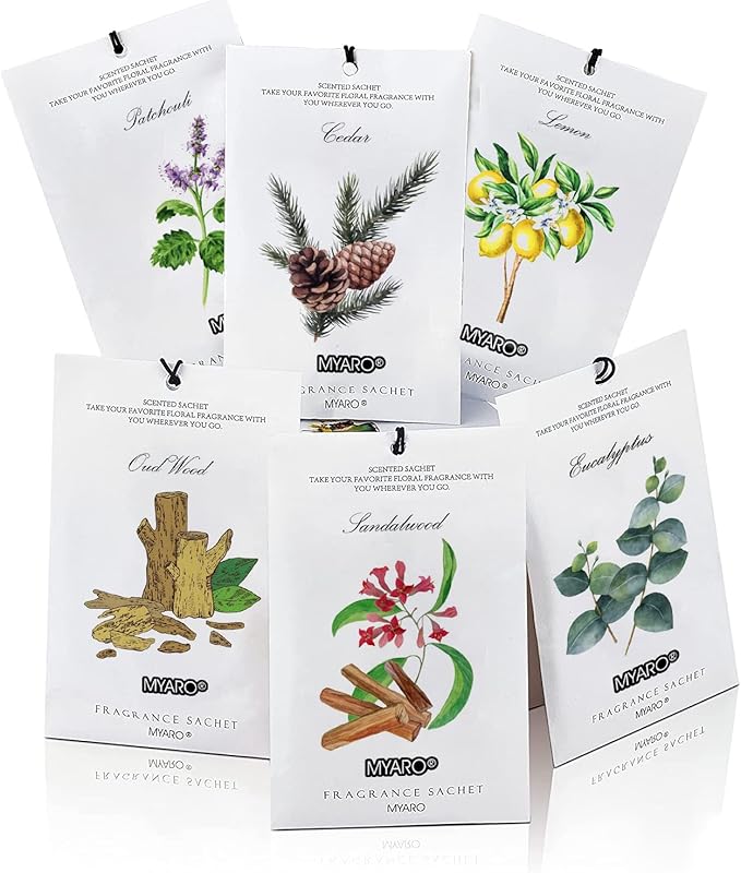 MYARO 12 Pcs Scented Sachets for Drawer and Closet, Long-Lasting Air Freshener Sachets Bag, Closet Deodorizer Potpourri Bags, 6 Fresh Scents - Cedar, Sandalwood, Lemon, Eucalyptus, Patchouli, Oud Wood