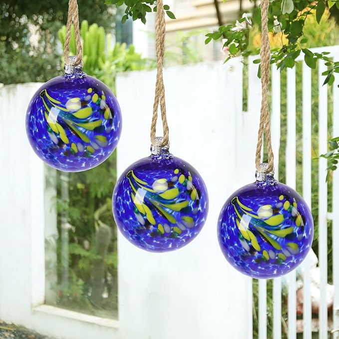VCUTEKA Hanging Garden Gazing Ball, Hand-Blown Glass Witch Ball for Outdoor Garden Décor, 6" Blue Swirl