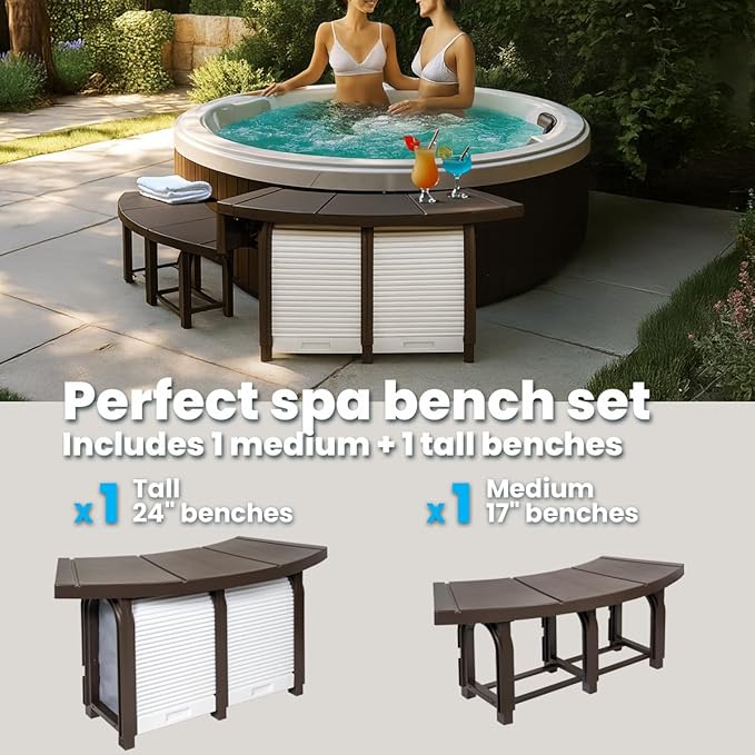 XtremepowerUS SPA Bench Set with Storage & Roller Shades – 2 Medium & 2 Tall Benches, Brown, 400 lbs Capacity, Outdoor Use