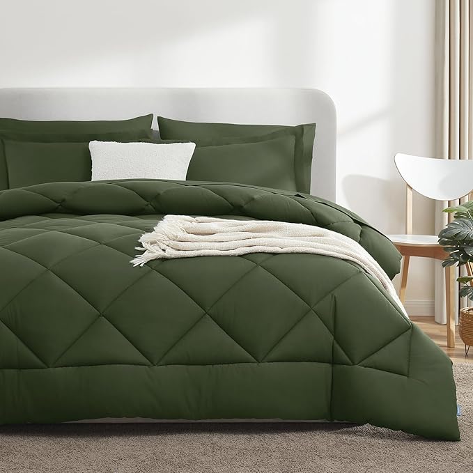 CozyLux Twin XL Comforter Set Olive Green - 5 Pieces Twin Extra Long Bed in a Bag for College Dorm, All Season Bedding Set for Girls and Boys, Soft Bed Set with Comforter, Sheets, Pillowcase & Sham