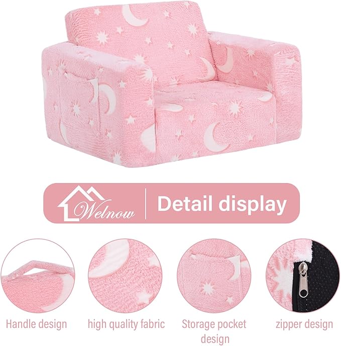 Welnow 2-in-1 Kids Sofa Chair, Glow in The Dark Convertible Toddler Chair Flip Out Children Sofa Chair Folding Kids Play Sofa with Side Pockets & Removable Cover Armrest Chair for Girl or Boy