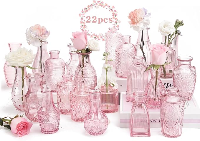 BEAHOT 22 Pack Pink Flower Vase in Bulk,Mini Vintage Glass Bud Vases for Centerpieces,Wedding Decor,Party & Home Decaration,Mother's Day (Pink)