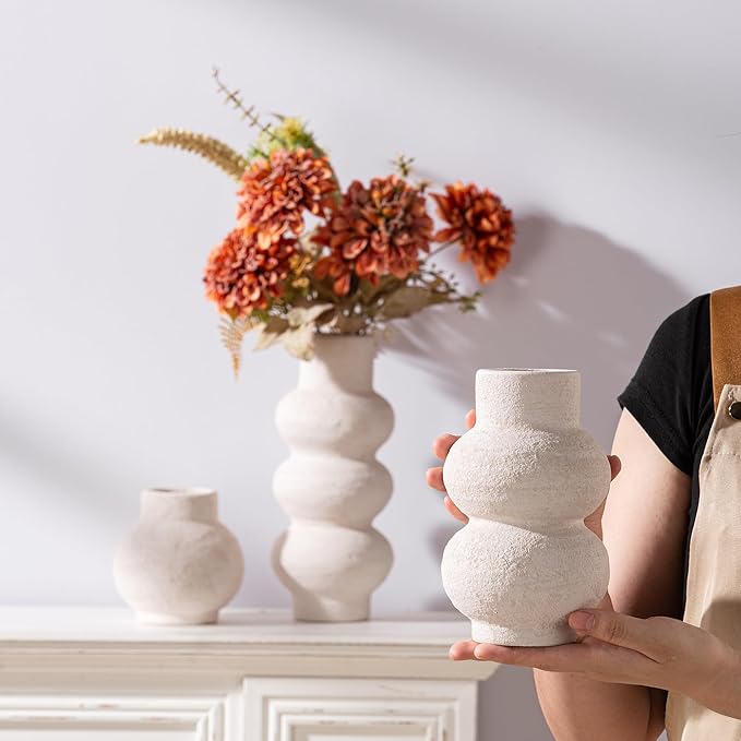 Ceramic Vase Home Table Decor - White Flower Vase Set of 3 Living Room Kitchen Decorations Farmhouse Modern Rustic Vases Decorative Centerpiece for Shelf Bedroom Office Bathroom Dining Coffee Desk