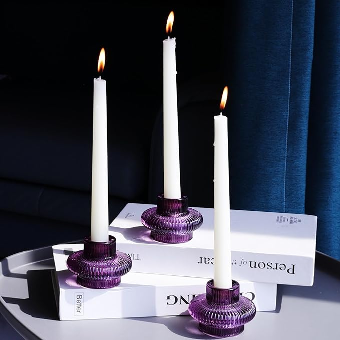 VOHO Purple Taper Candle Holders Ribbed Glass Gifts, 6 A Pack Candlestick Holders for Table Centerpiece Christmas/Halloween Decorations, Versatile Candle Holders for Candlesticks or Tea Lights Candles
