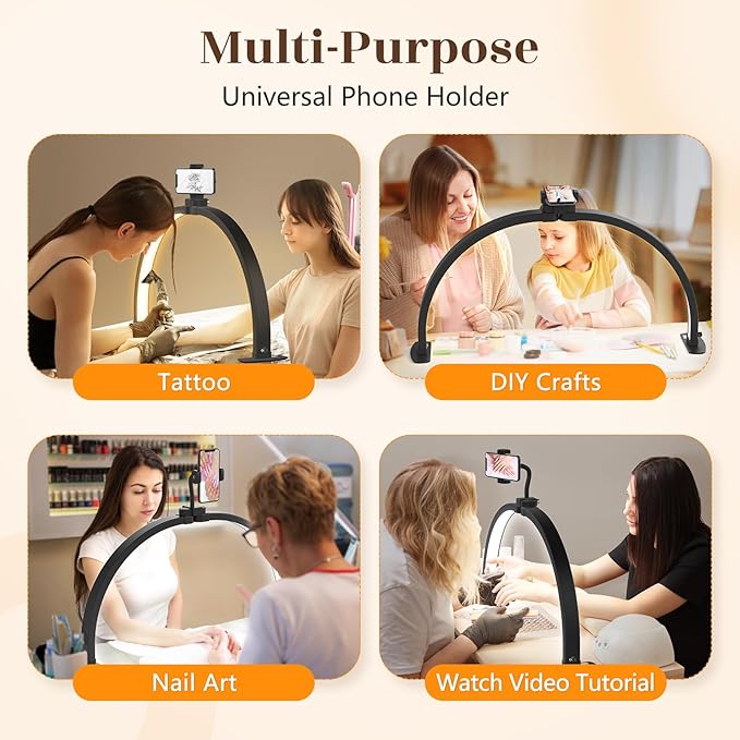 Yokilly Half Moon Light for Nail Desk: 29" Foldable Half Moon Nail Desk Lamp with Phone Holder for Beginner - Arch Tech Light with 3 Color Modes & 10 Brightness for Manicure Salon (Black, Large)