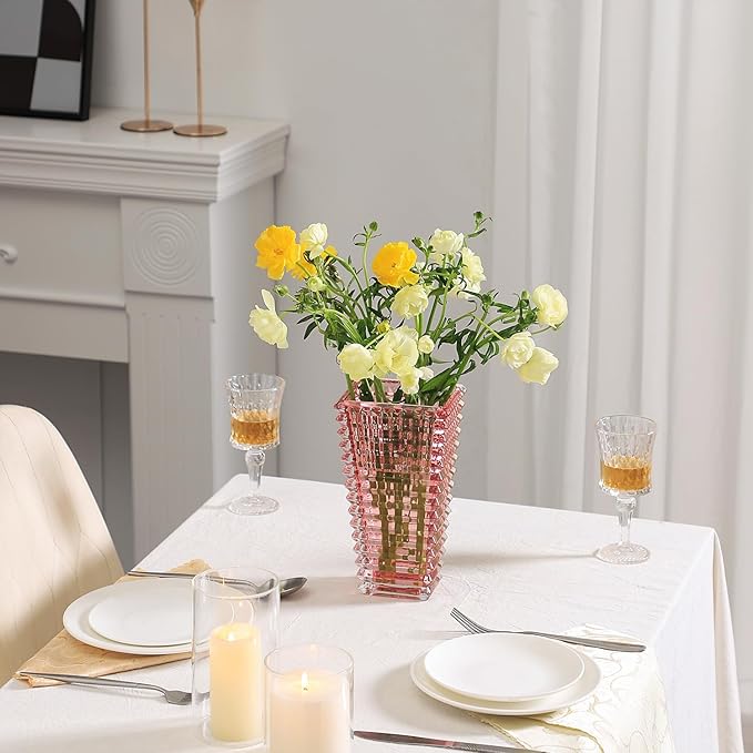 MCMCNCUIU Crystal Vase, Large Crystal Vases for Flowers, Pink Large Flower Vase, Modern Glass Vases for Living Room, Bedroom, Kitchen, Dining Table, Mantle, Wedding, 9 Inches