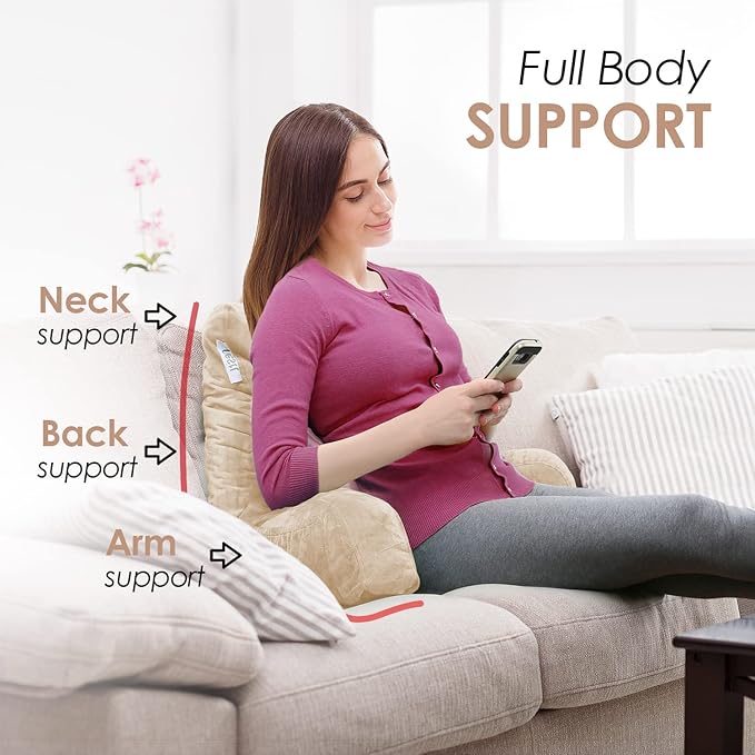 Nestl Reading Pillow Standard Bed Pillow, Back Pillow for Sitting in Bed Shredded Memory Foam Chair Pillow Reading & Bed Rest Pillows Beige Cream Back Pillow for Bed, Bed Chair Arm Pillow with Pockets