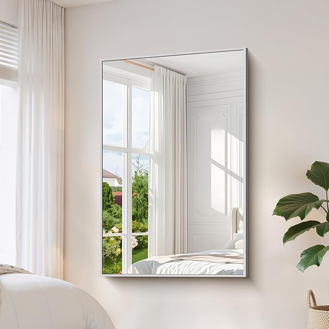 YIROMAN Bathroom Mirror 55"x36", Large Brushed Silver Bathroom Mirror for Over Sink with Aluminum Frame, Rectangular Vanity Mirror with Right Angle, Wall Mirror Hangs Horizontal or Vertical
