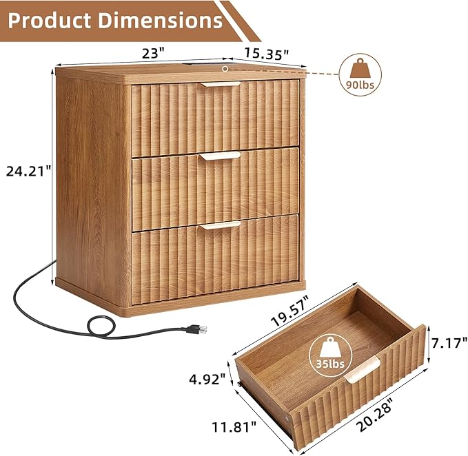 LEYAOYAO Fluted Nightstand Set of 2 with Charging Station,23" Modern Nightstand with Woodgrain Top, 3 Drawer End Table w/Storage, BedsideTables for Bedroom, Living Room, Curved Profile,Brown