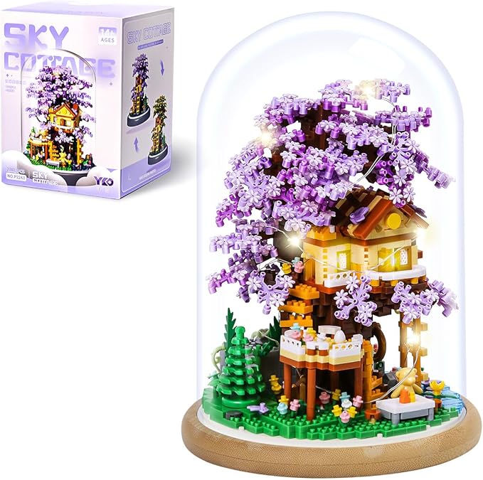 DIY Flower Building Toy Sets Miniature Cherry Blossom Tree House Building Kit, Purple & Yellow Sakura Flowers, Building Blocks Set for Adults & Girls - Bonsai Tree Model with Dust Cover