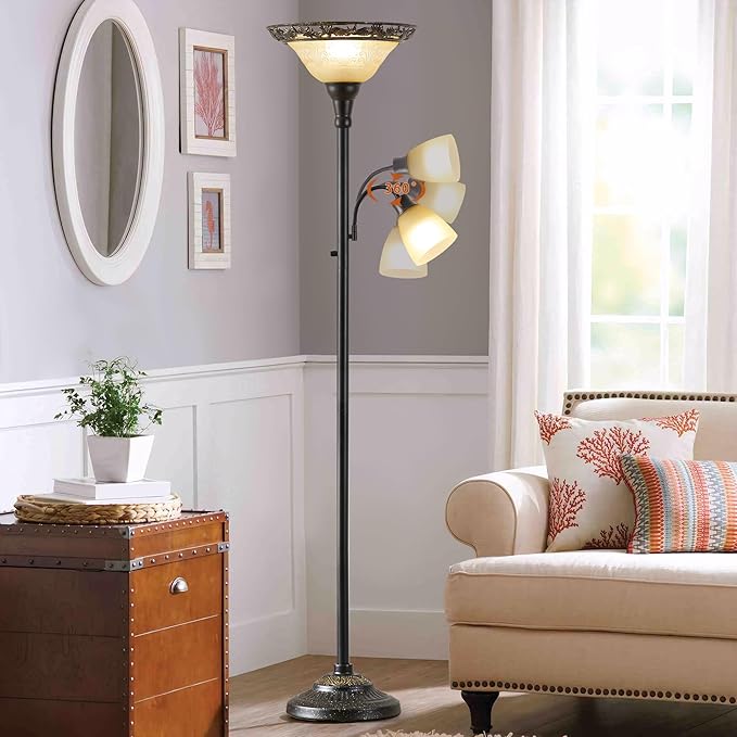 Torchiere Floor Lamps for Living Room, 70" Lamps for Living Room with Etched Glass Shade, Metal Pole & Heavy Base, Vintage Standing lamp Decor for Bedroom, Living Room, Office