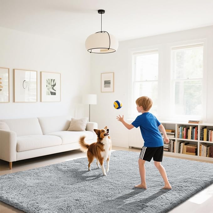 Fluffy Rug Shaggy Area Rug, Grey 6x9 Area Rugs for Living Room, Large Shag Area Rugs for Bedroom Kids Room Home Decor, Upgrade Anti-Skid Rectangular Fuzzy Rugs