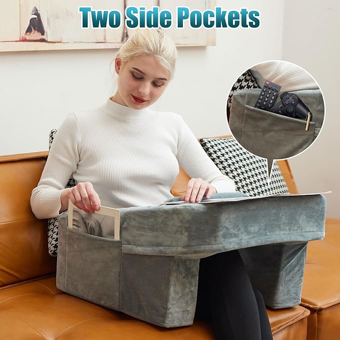 Soft Reading Pillow for Gaming,Arm Rest Lap Desk Pillow,Bed Rest Pillow for Adults Reading,Working,Crocheting,Playing Steam Deck Switch or Sitting in Floor Sofa,Two Side Pockets & Anti-Slip Strip
