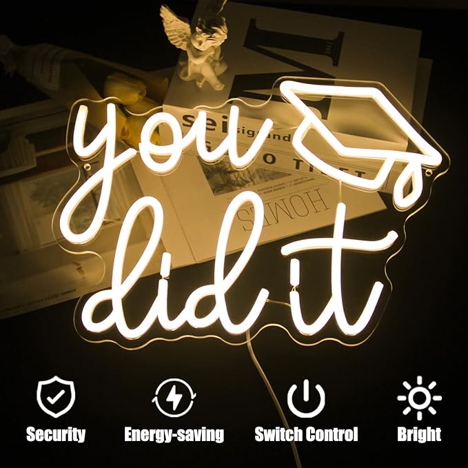 Congrats Grad Neon Sign You Did It LED Neon Light Sign Warm White Congrats Light up Sign Background Neon Signs for Wall Decor Celebrate Neon Lights for Class of 2025 Graduation Party Decor