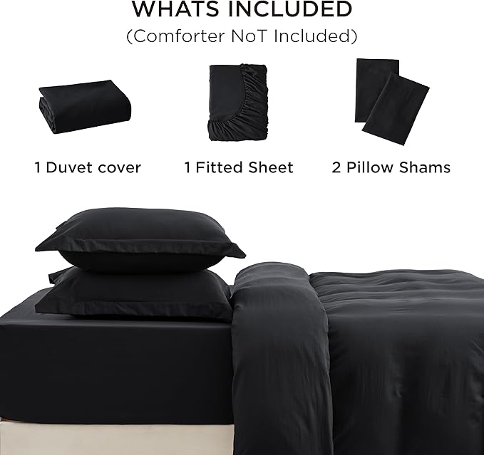Bedsure Duvet Cover Queen Size with Fitted Sheet - 4 Pieces Prewashed Cotton-Like Extra Soft Bedding Set, Includes 1 Duvet Cover 90x90 Inches with Zipper Closure, 2 Pillow Shams, 1 Fitted Sheet, Black