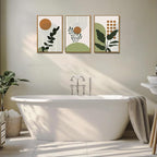Bwodke Boho Wall Art, Framed Abstract Wall Art, Botanical Canvas Wall Decor, Mid Century Plant Leaf Geometric Pictures Set of 3, Minimalist Paintings, for Bedroom Living Room Bathroom 16"x24"
