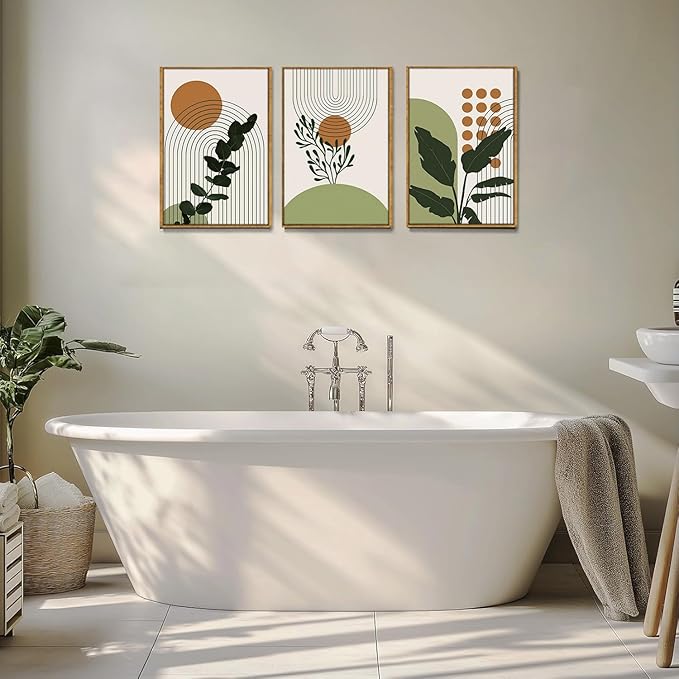 Bwodke Boho Wall Art, Framed Abstract Wall Art, Botanical Canvas Wall Decor, Mid Century Plant Leaf Geometric Pictures Set of 3, Minimalist Paintings, for Bedroom Living Room Bathroom 16"x24"