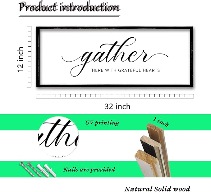 ZZJJHYWGQ Gather Here With Grateful Hearts Sign Rustic Farmhouse Wall Art 32"×12" For Dining Room kitchen Family Gathering Thanksgiving Decor Minimalist Large Wooden Framed Hanging Art (Black)