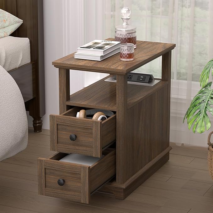 HIFYOBRO Narrow End Table with Flip Top Charging Station and 2 Drawers, Type-C & USB Port & Power outlets, Wooden Storage Cabinet, Side Table with Storage for Living Room and Bedroom