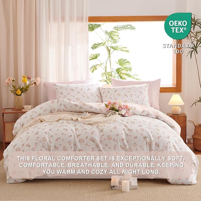 Floral Comforter Set King Size - 3 Pieces Pink White Floral Comforter Bedding Sets Reversible Pattern,King Bed in a Bag with Flowers Comforter and 2 Pillowcases