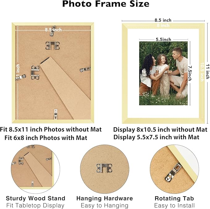 12 Packs 8.5 by 11 Picture Frames, Display 6x8 with Mat or 8.5x11 Without, for Award Certificate Diploma Document, 8.5 x 11 Frames Bulk Set of 12 Photo Frames Set for Wall and Tabletop, Gold