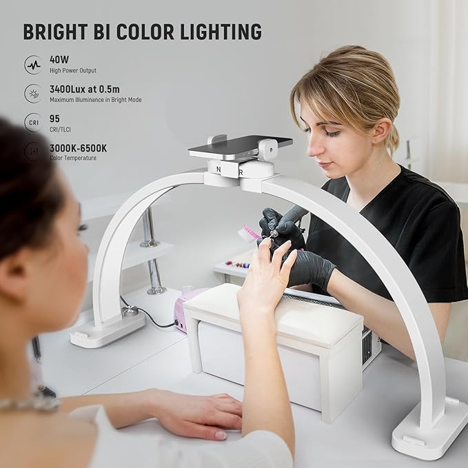 NEEWER Basic HM01-D 29" Arc Lamp, 40W Foldable LED Half Moon Table Nail Tech Light for Desk 3000K-6500K 3400lux/0.5m CRI95 USB Charging Phone Holder for Manicure Makeup Beauty Tattoo Overhead Shooting