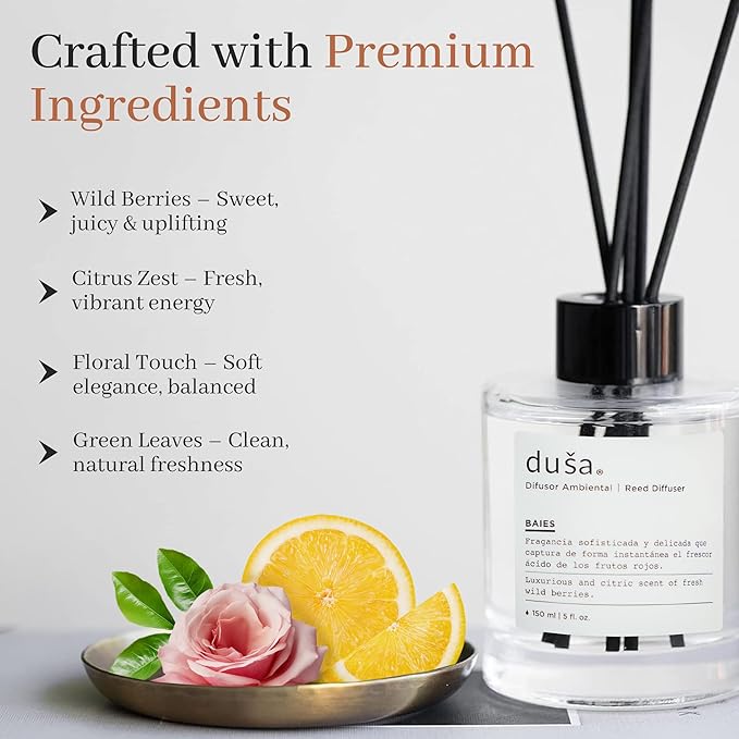 Duša Baies Scented Reed Diffuser & Sticks – 5 Fl Oz Essential Home Fragrance for Bathroom, Office & Living Spaces –Stylish & Long-Lasting Room Air Freshener –Ideal for Housewarming & Special Occasions