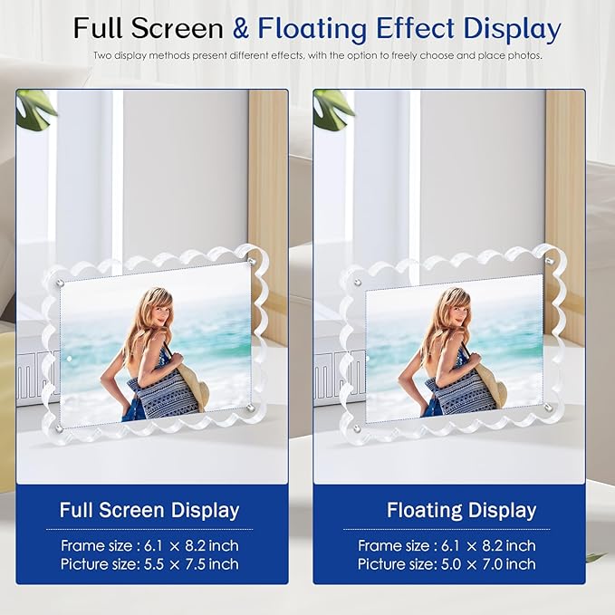 6Pack Acrylic Magnetic Photo Frame 5x7 Inch - Sleek Scalloped Design, 10+10mm Thick Crystal Clear Block, Freestanding Double-Sided Magnet |Trendy Home Gift (6 Pack, 5X7)