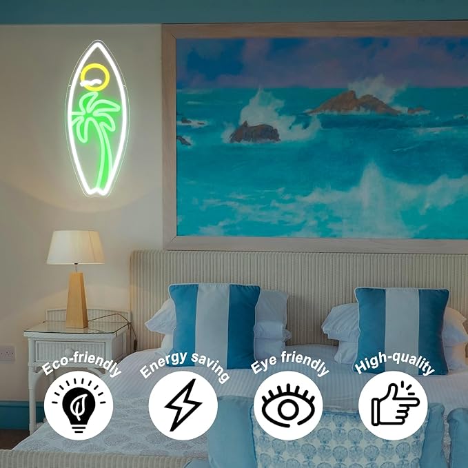 Surfboard Neon Sign Palm Tree Seagull Sun Neon Lights for Bedroom Surfing LED Sign Tropical Landscape Dimmable Neon Light Up Sign for Living Room Bar Man Cave Beach Decor Surfer Gifts