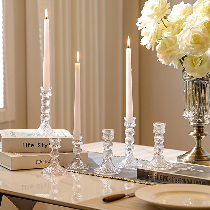 Mumufy 24 Pack Glass Taper Candle Holders Clear Candlestick Holder Fit 0.8 Inch Candles 4'' 6'' 8'' Tall Crystal Decorative Candlestick Stand Centerpiece for Table Wedding Dining Party (Vintage)
