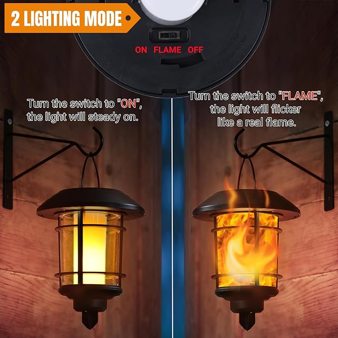 Dynaming 4 Pack Solar Flame Wall Lanterns Outdoor, Solar Powered Wall Mounted Sconce Lights, Flickering Flame LED Light Auto On/Off Hanging Lights, Waterproof for Garage Stair Patio Porch Yard