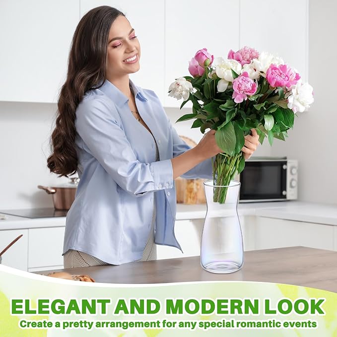 Thenshop 10 Pcs 8'' Tall Clear Flower Vase Wide Mouth Crystal Glass Boho Decorative for Centerpieces Bulk Tall Vase for Flower Bouquets Rustic Home Decor Wedding Housewarming Gift (Neon Clear)