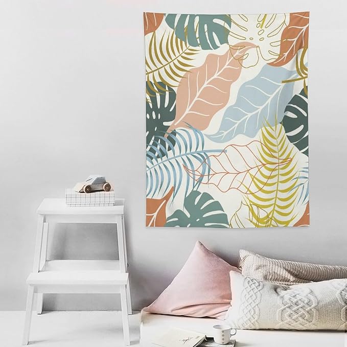 ICMOLYYENLO Boho Green Leaves Tapestry, Mid Century Abstract Tropical Palm Leaves Modern Minimalist Geometric Wall Hanging, Neutral Home Decor Art for Living Room Bedroom Dorm 60x60 Inch