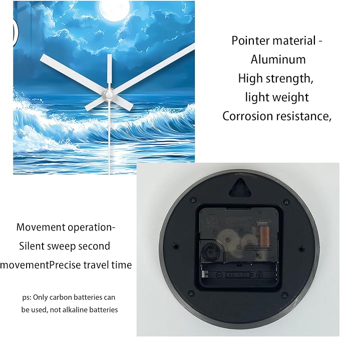 XFM Blue Wall Clock Battery Operated 14 Inch Silent Non-Ticking Glass Clocks Moon Ocean Wave Round Clocks for Kitchen Bedroom Bathroom Decor