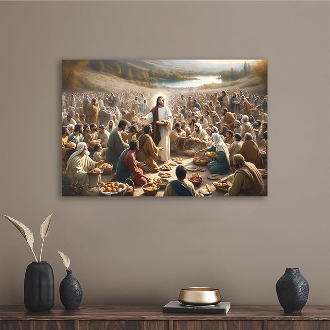 XWNLTEPK Jesus Feeding 5,000 People with Five Loaves and Two Fishes Miracle Mercy Canvas Art Wall Decor Poster Suitable for Bedroom Living Room Relaxation Room Confession Room