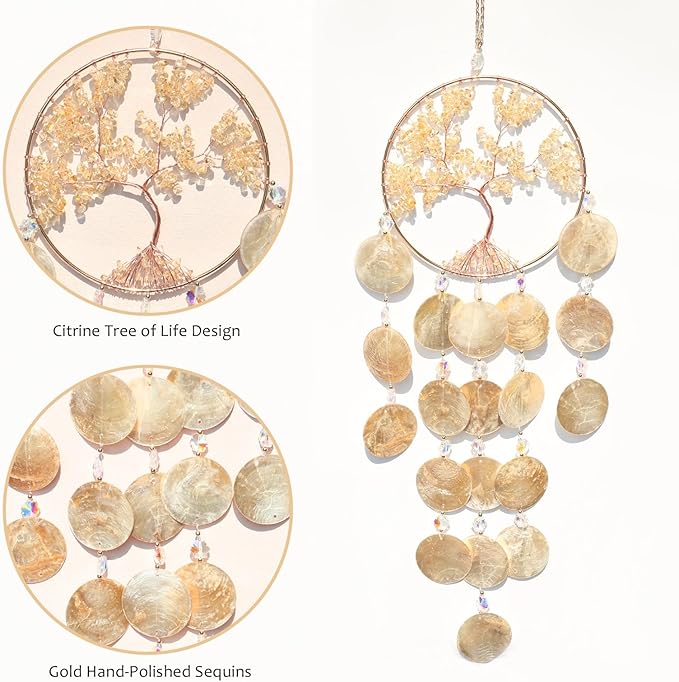 Pretty Jolly Gold Tree of Life Dream Catcher Wall Decor with Citrine Crystals Unique Capiz Wind Chimes Soothing Sound Waterfall Handmade Wall Hanging Home Decor for Bedroom Wedding Party Wish Gift