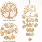 Pretty Jolly Gold Tree of Life Dream Catcher Wall Decor with Citrine Crystals Unique Capiz Wind Chimes Soothing Sound Waterfall Handmade Wall Hanging Home Decor for Bedroom Wedding Party Wish Gift