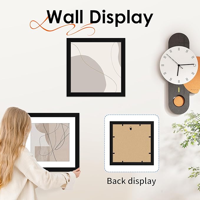FIXSMITH 11x11 Picture Frame Set of 4, Photo Frame with HD Plexiglass, Display Pictures 8x8 with Mat or 11x11 Without Mat, Black Picture Frames Collage Wall Decor, Gallary Wall Frame